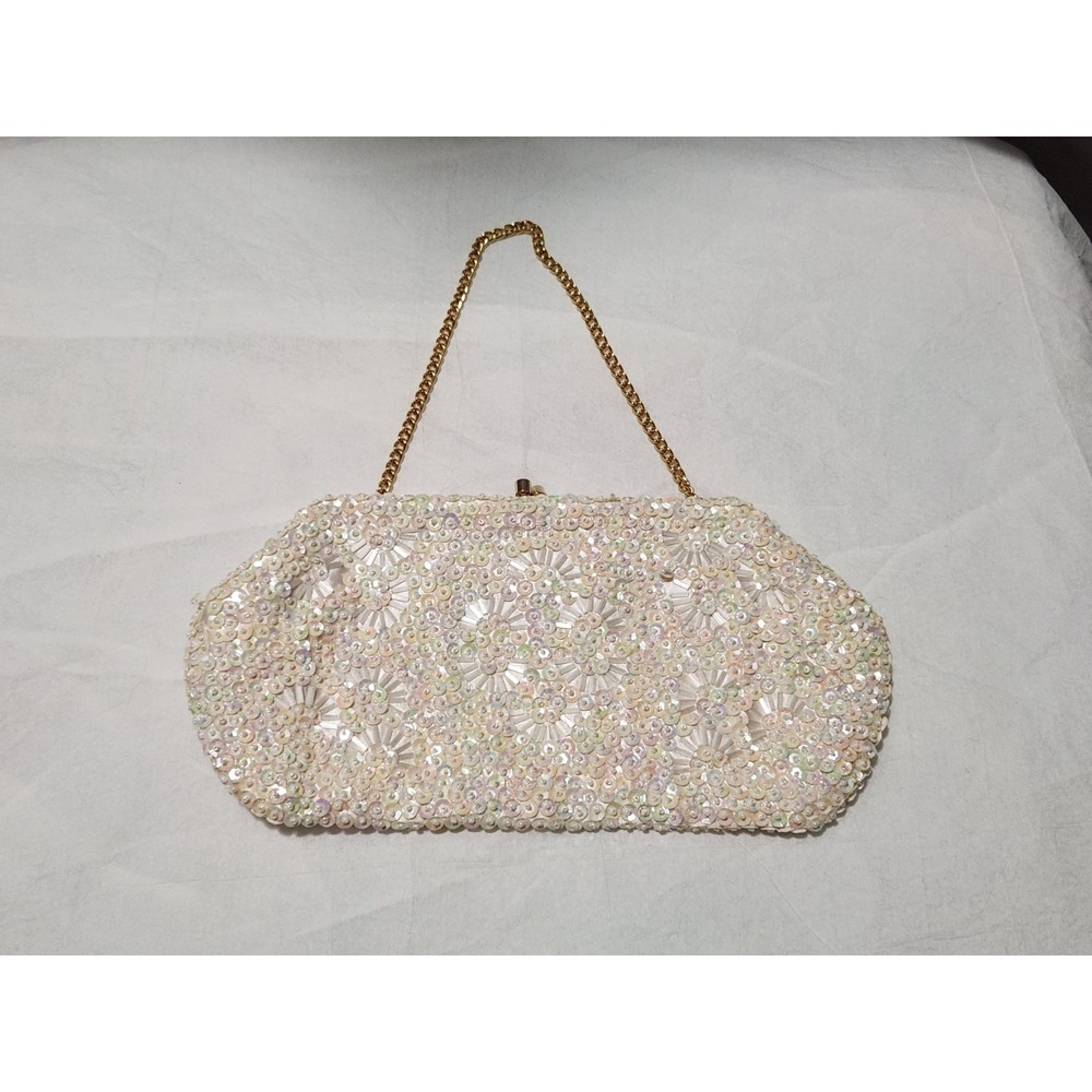 Vintage 50's Gold Cream White Handmade Beaded Clutch Purse Wedding Bridal Hand